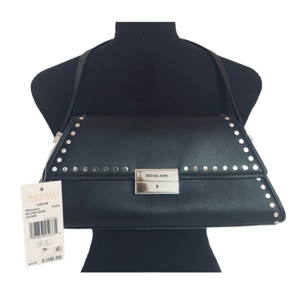 MICHAEL KORS ~ Black Ludlow Bag Silver Rivet Accents Magnetic Closure Boss Babe - Picture 4 of 17